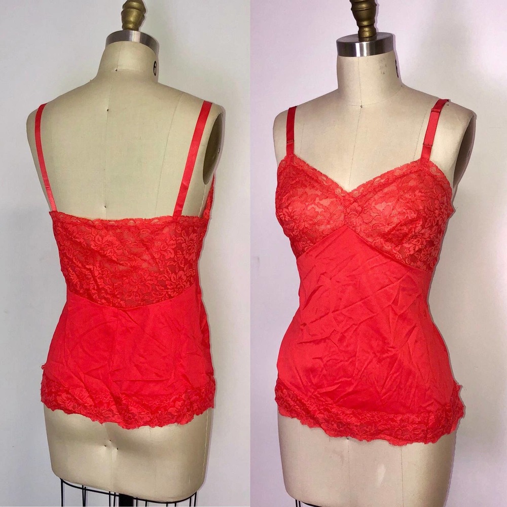 60s Red Camisole Top Nylon Lace Nylon slip tank - Size Medium 36